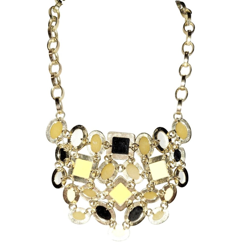 Vintage Necklace Black Yellow and Cream Lucite Cobblestone Style Gold Tone Chain - Picture 2 of 6